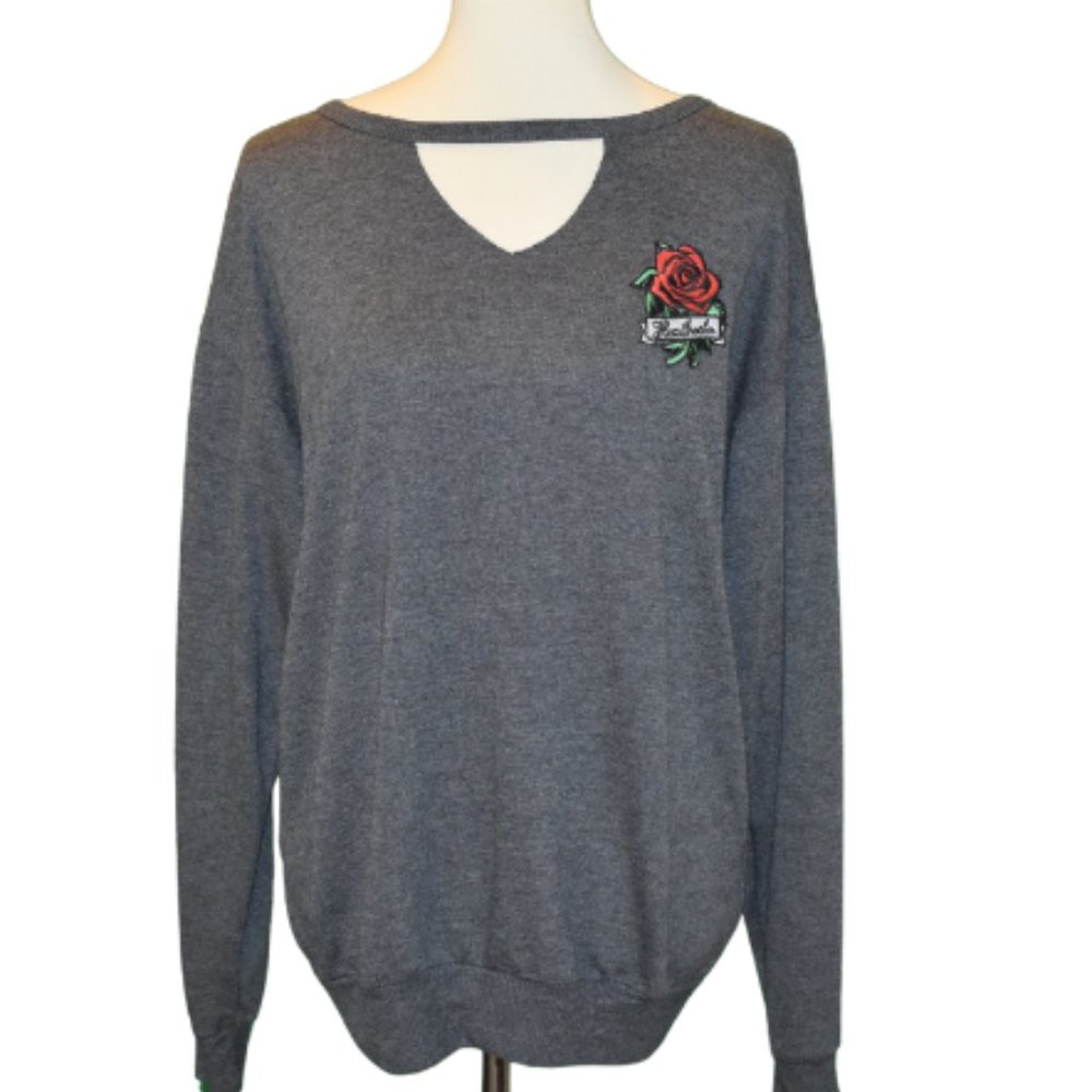 Modern Lux Gray Keyhole Heartbreaker Rose Patch Pullover Sweatshirt